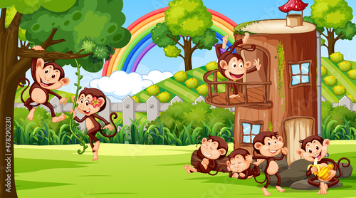 Outdoor scene with tree house and many monkeys