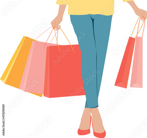 White woman carrying shopping bags. Vector illustration. Flat style
