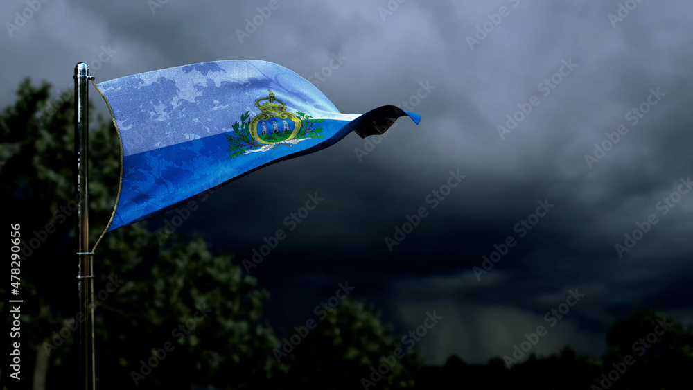 San Marino flag for independence day on dark storm cumulus - abstract 3D rendering