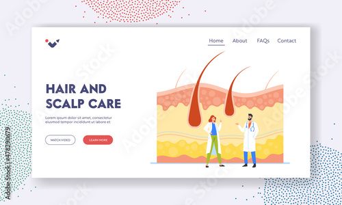 Hair and Scalp Care Landing Page Template. Dermatologist Trichologist Tiny Doctor Characters, Dermatology Specialists