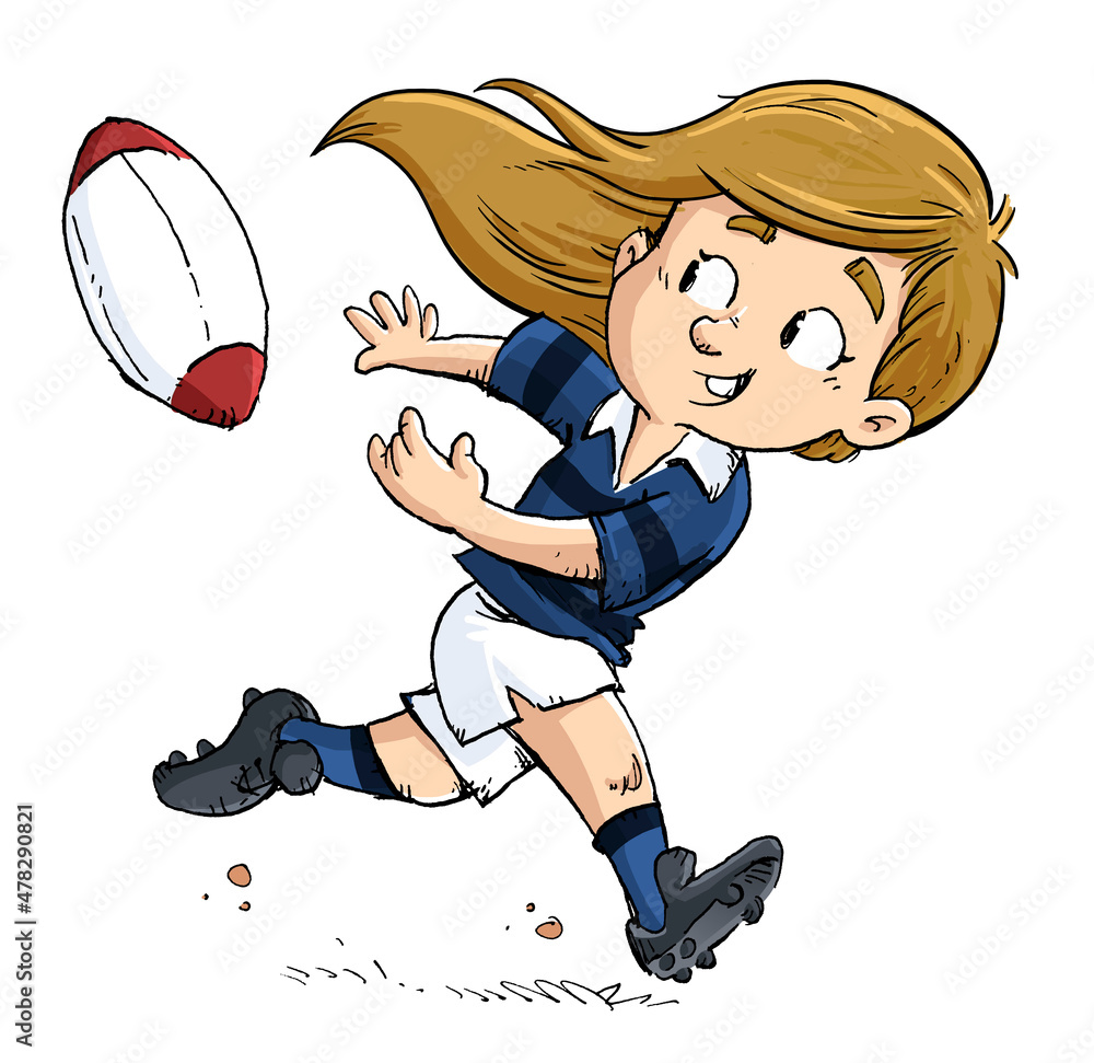 Illustration of little girl rugby player passing the ball Stock