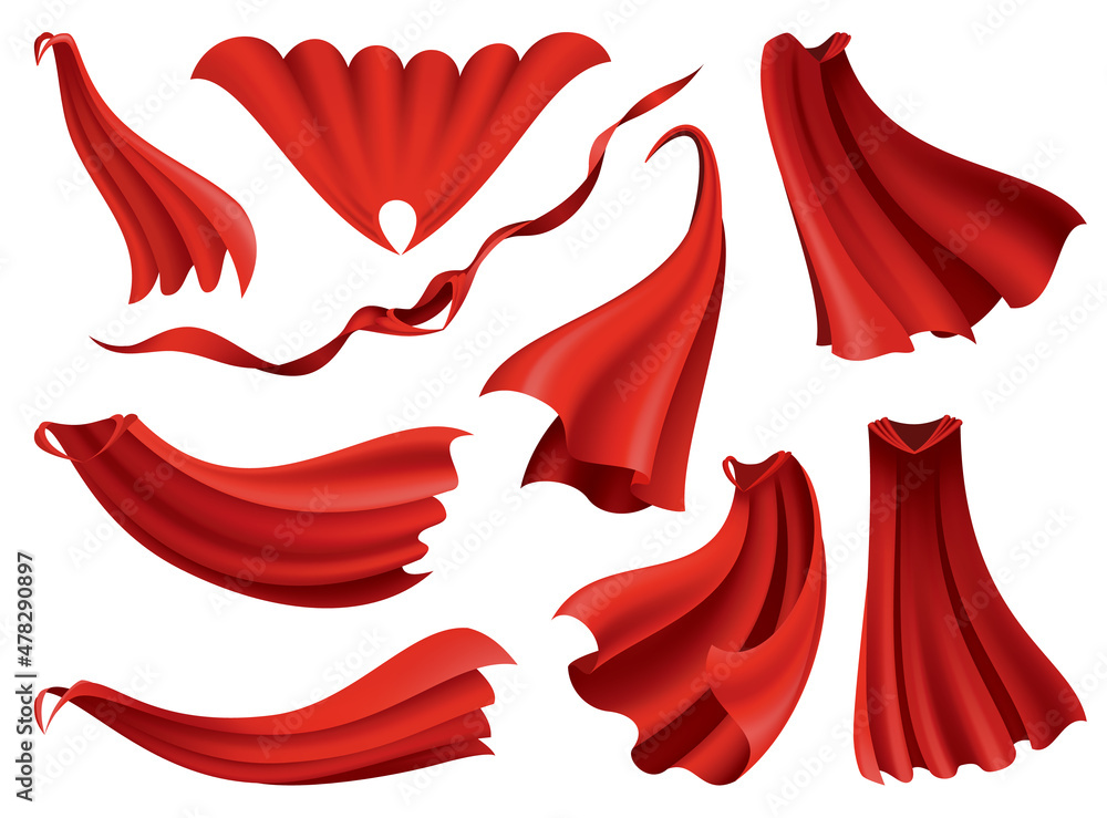 Superhero red capes. Scarlet fabric silk cloak in different position, front, side and top view. Carnival masquerade dress, 3d realistic costume design. Flying Mantle costume Superhero red capes. Scarlet fabric silk cloak in different position, front, side and top view. Carnival masquerade dress, 3d realistic costume design. Flying Mantle costume