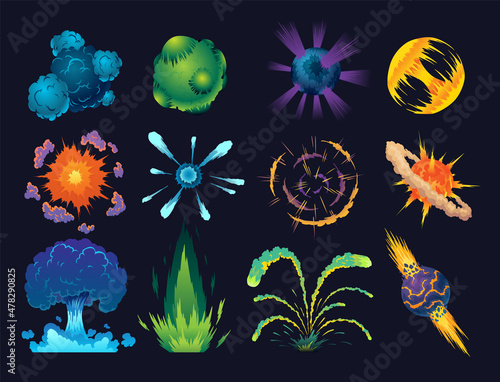 Cartoon explosion icon set. Comic book elements. Boom cloud and flame, smoke and explode. Boom effect vector elements for game design