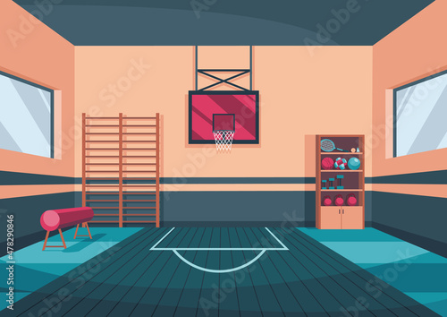 School basketball gym. Sports hall with markings. Comfortable hall for kids active games and sport exercises. Empty equipped training room with gymnastic equipment