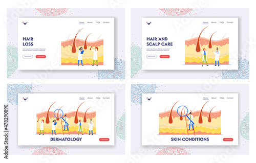 Hair Health, Dermatology Landing Page Template Set. Consultation with Trichologist. Tiny Doctors Dermatologist
