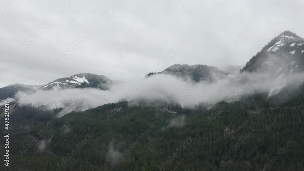 Aerial of snowy mountains in North Bend, WA. Aerial of snowy mountains in North Bend, WA.