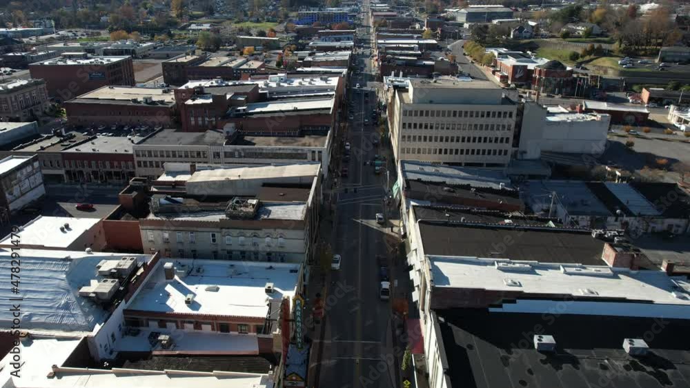 State Street, Bristol USA. Aerial View of Virginia and Tennessee Border Line in Downtown, Buildings and Traffic on Sunny Day, Drone Shot State Street, Bristol USA. Aerial View of Virginia and Tennessee Border Line in Downtown, Buildings and Traffic on Sunny Day, Drone Shot