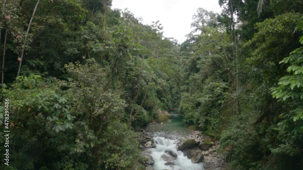 Flying above the Suyu Pakcha river through the trees, also there are somo tourist having fun and swimming near the waterfall Flying above the Suyu Pakcha river through the trees, also there are somo tourist having fun and swimming near the waterfall