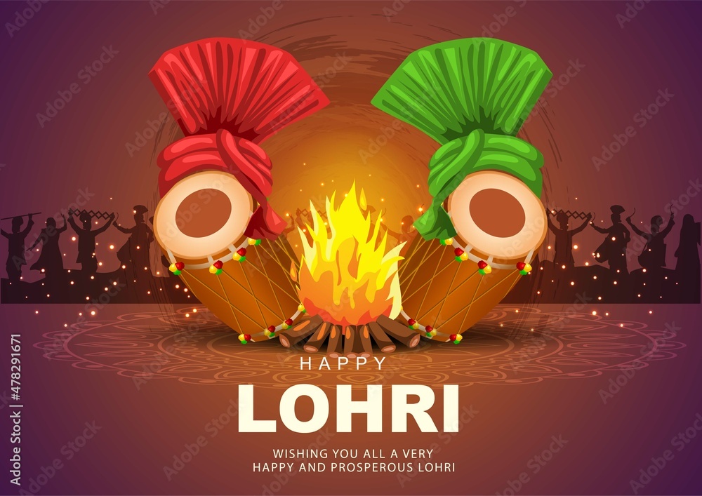 Indian Punjabi festival of lohri celebration fire background with decorated  drum and hat. vector illustration design. Stock Vector | Adobe Stock