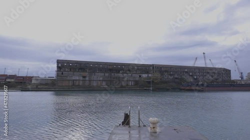 Industral river harbour with an abandoned factory.
Harbour cranes.
