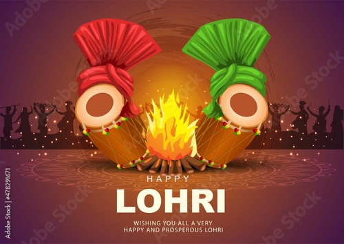 Indian Punjabi festival of lohri celebration fire background with decorated drum and hat. vector illustration design.