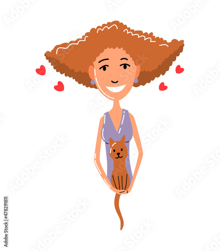 People and pet. Cat pet owner character. Owner hugging cat. Girl love their animal. Cute and adorable domestic animal