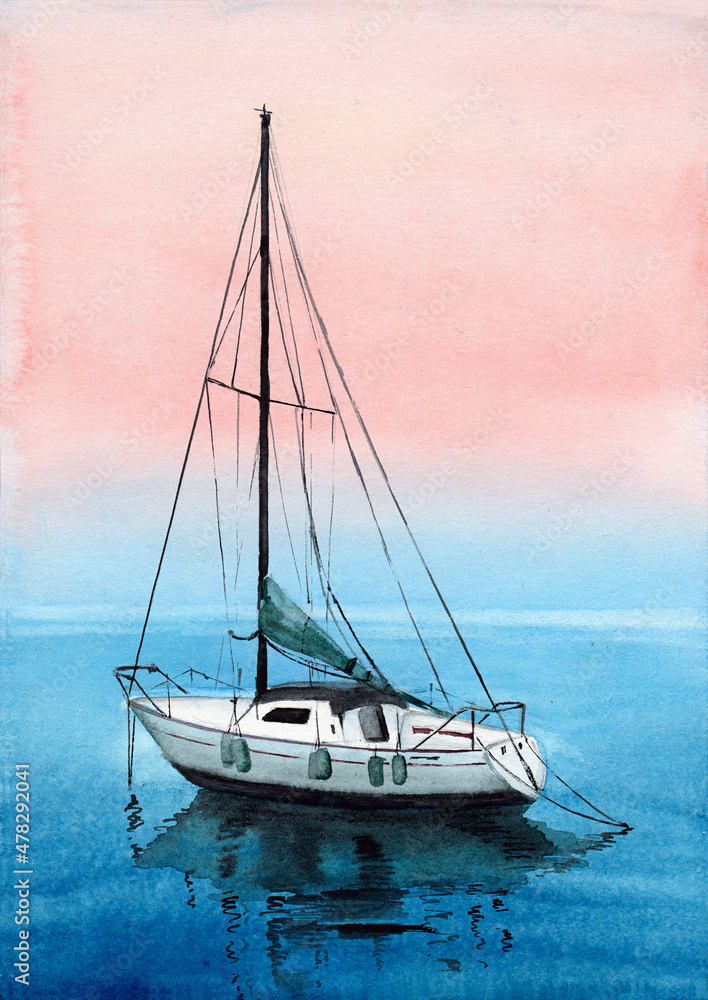 Watercolor illustration of a sailing boat with lowered sails with its reflection in blue water against a pink sunset sky background