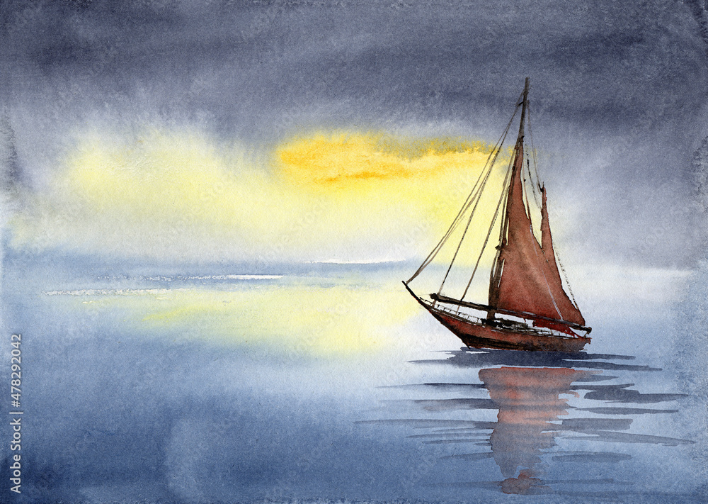 Watercolor illustration of a sailing boat with red sails with its reflection in blue water against a yellow sunset sky background