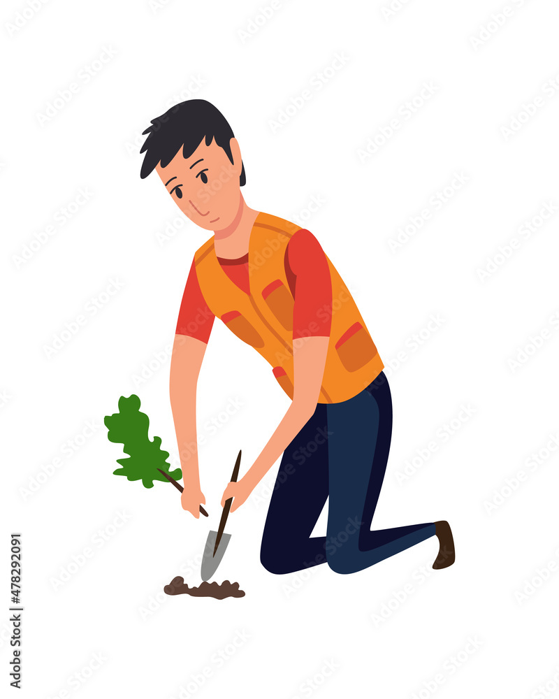 Fototapeta premium Professional gardener with shovel digging hole in garden. Man buries seedling in ground for planting trees. Professional gardener worker applies fertilizer to pit. Worker in uniform