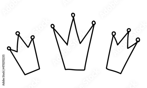 Three hand drawn crown icon for Three Kings Day, Epiphany feast day. Vector illustration in black outline isolated on white background. Clip art, design element