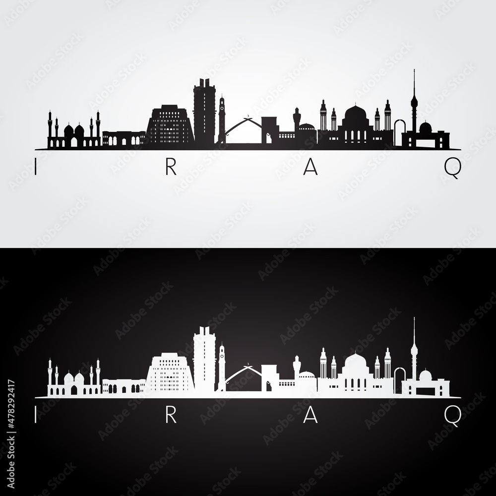 Iraq skyline and landmarks silhouette, black and white design, vector illustration.