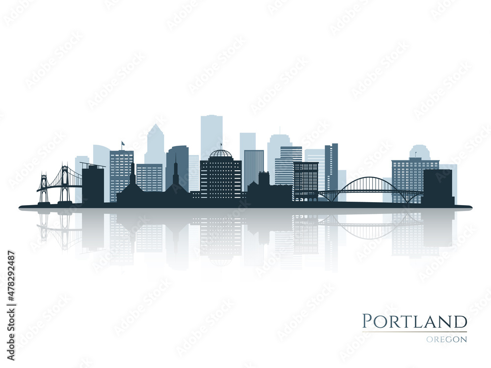 Portland skyline silhouette with reflection. Landscape Portland, Oregon. Vector illustration.