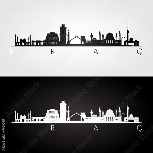 Iraq skyline and landmarks silhouette, black and white design, vector illustration.