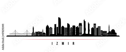 Izmir skyline horizontal banner. Black and white silhouette of Izmir, Turkey. Vector template for your design.