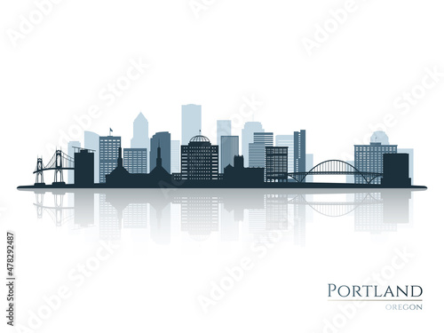 Portland skyline silhouette with reflection. Landscape Portland, Oregon. Vector illustration.