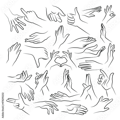 Set of miscellaneous women hands gestures simple outline minimalistic linear style. Vector Illustration of female hands for create logos, prints and other designs on white background