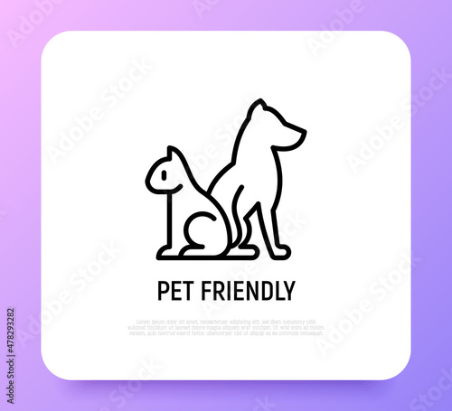 Pet friendly symbol: cat and dog silhouettes thin line icon. Modern vector illustration for pet shop, logo for vet clinic.