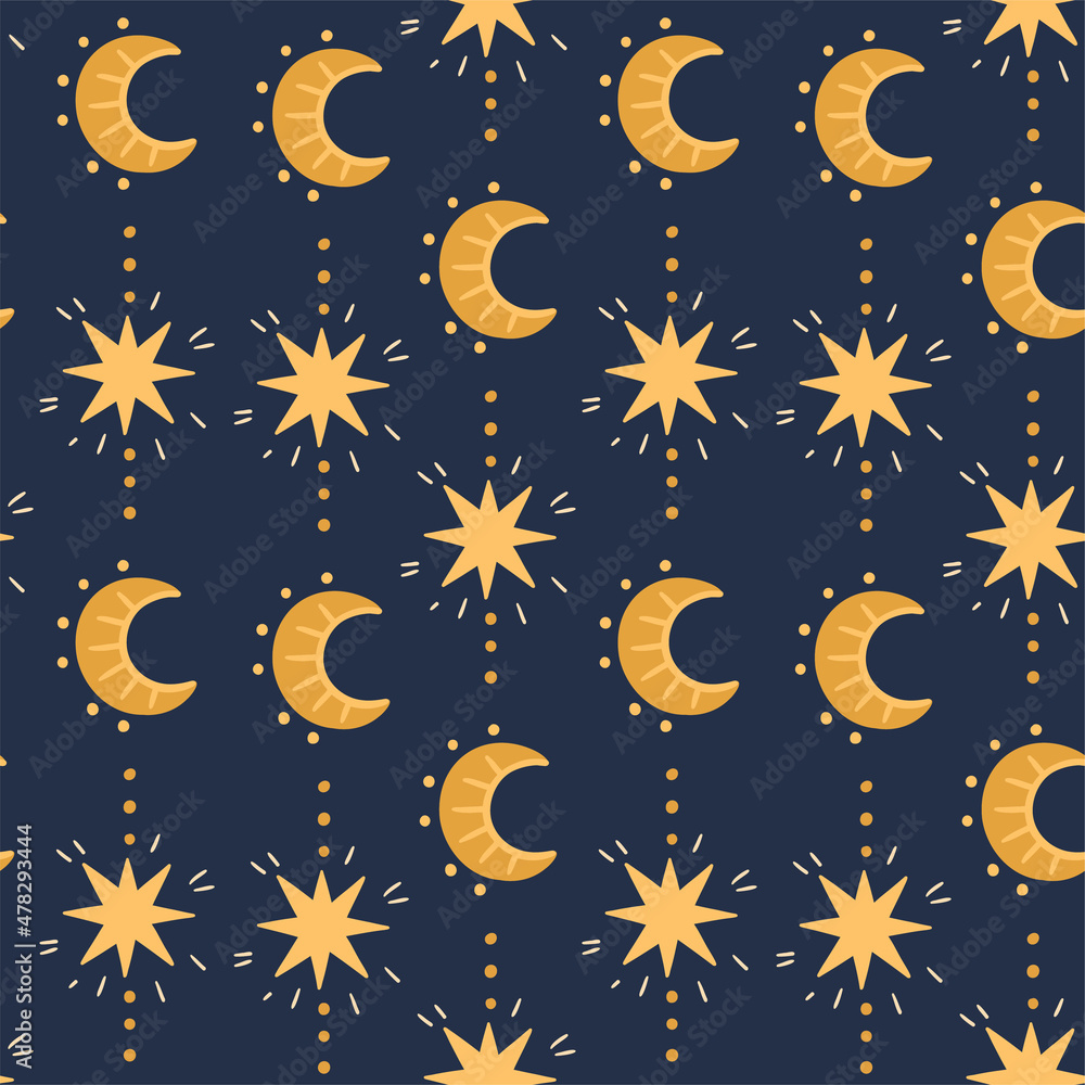 © EniaKlever - Illustration of a seamless pattern from the moon and stars. Simple cute style. Vertical direction. Astronomical, mystical, astrological themes.