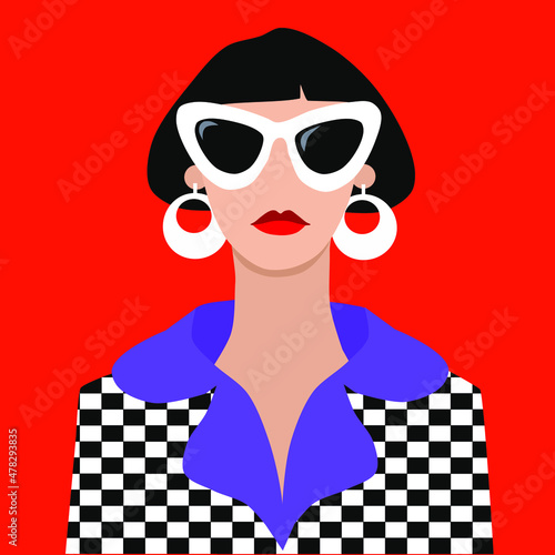 Pop art, fashion, color, girl in sunglasses. Beautiful pop art flat girl in 60s style. Vector, EPS 10