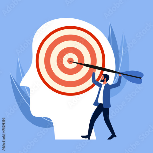 Brain focus and mind focus or concentration concept vector illustration. Silhouette of human head with target sign in flat design. Life goal and planning.