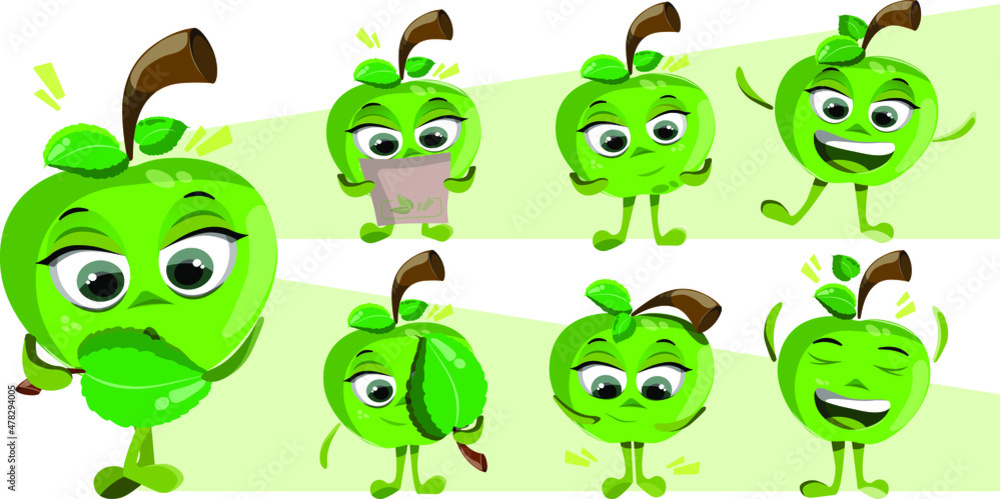 Ripe green cartoon apples set Ripe green cartoon apples set
