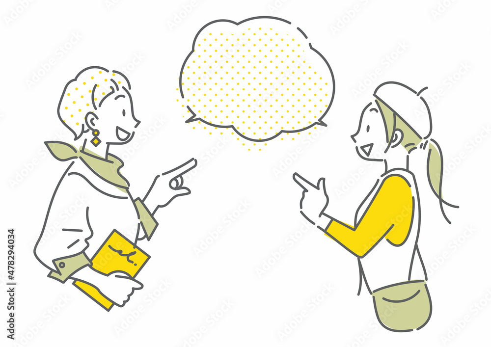 旅行を楽しむふたりの女性　笑顔　シンプルでお洒落な線画イラスト