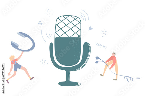 podcast, radio, audio show. man with headphones and microphone. Internet radio broadcasting, multimedia entertainment
