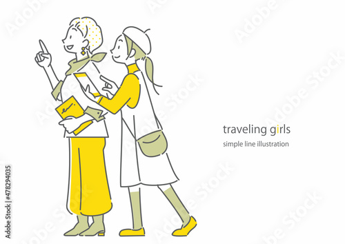 旅行を楽しむふたりの女性 シンプルでお洒落な線画イラスト