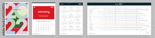Modern 2022 сalendar design. 2022, 2023. Editable calendar page template A4, A3. Vertical. Simple monthly vertical photo calendar Layout for the 2022 year in English. Set of 12 months.