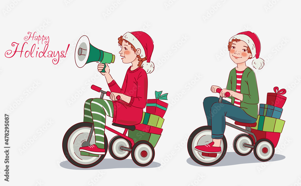 Cute boy and girl rides on bicycle. Funny girl shouting on the megaphone. Christmas illustration vector concept