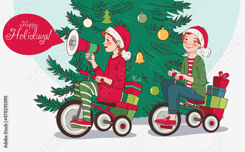 Cute boy and girl rides on bicycle. Funny girl shouting on the megaphone. Christmas illustration vector concept