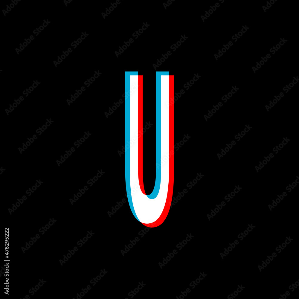 letter U of the alphabet on a black background. three dimension effect fonts. Blue red sign. letter U of the alphabet on a black background. three dimension effect fonts. Blue red sign.