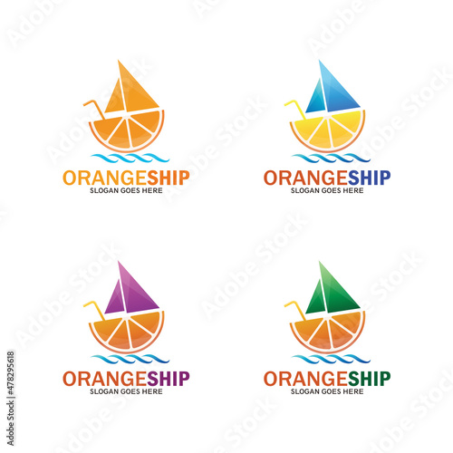 Modern orange ship logo template illustration design, fresh drink symbol -vector