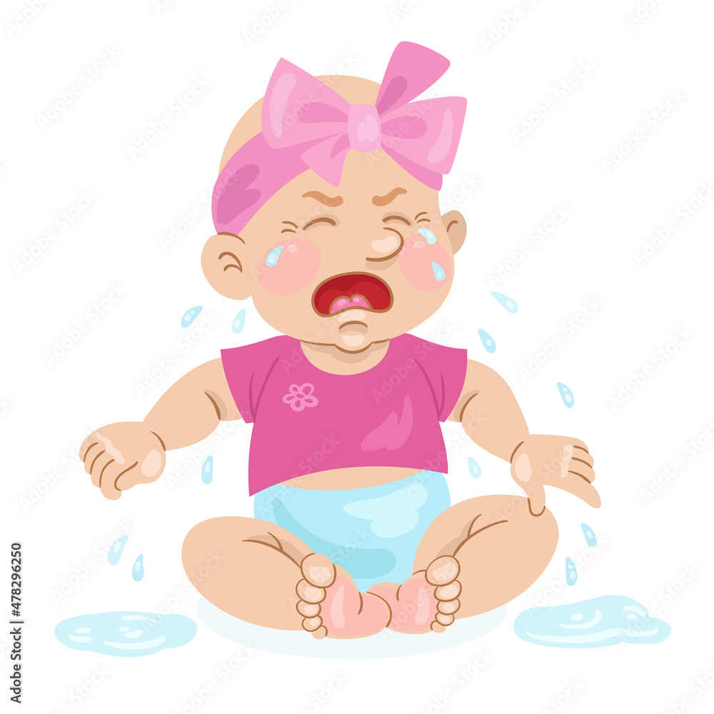 Cute little baby girl is crying. In cartoon style. Isolated on white background. Vector illustration Cute little baby girl is crying. In cartoon style. Isolated on white background. Vector illustration