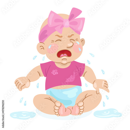 Cute little baby girl is crying. In cartoon style. Isolated on white background. Vector illustration