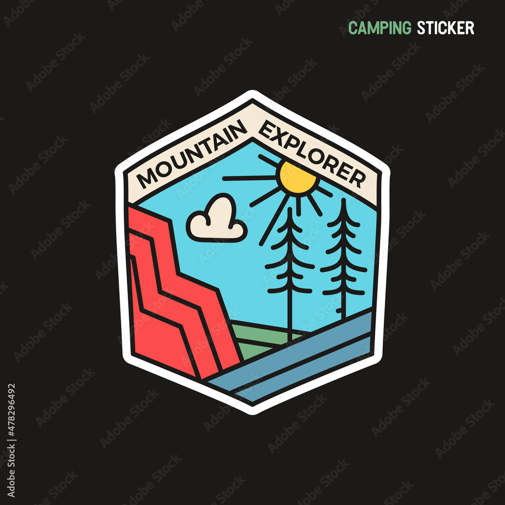 Camping adventure sticker design. Travel hand drawn patch. Mountain explorer label isolated. Stock