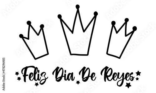 Three hand drawn crown icon for Three Kings Day, Epiphany feast day. Feliz Dia De Reyes - Happy Day of kings - Spanish translation. Cute black and white greeting card