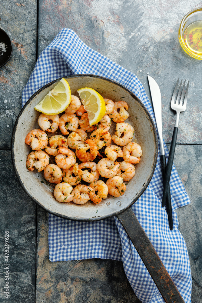 Tasty fried shrimps on pan Tasty fried shrimps on pan