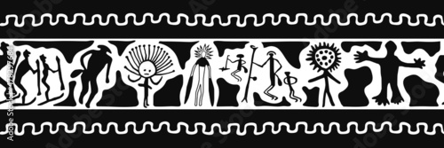 Ethnic border on the theme of rock paintings of Siberia, vector design. Seamless pattern, banner. 