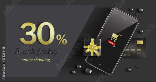 The gift box is placed on the phone and has a credit card on the bottom and next to it there is a message 30% off sale for black friday sale promotion,vector 3d for online shopping concept design