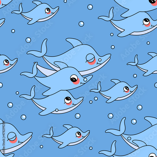 Seamless pattern with dolphin family. Blue design pattern with cute background. Sea life, dolphins