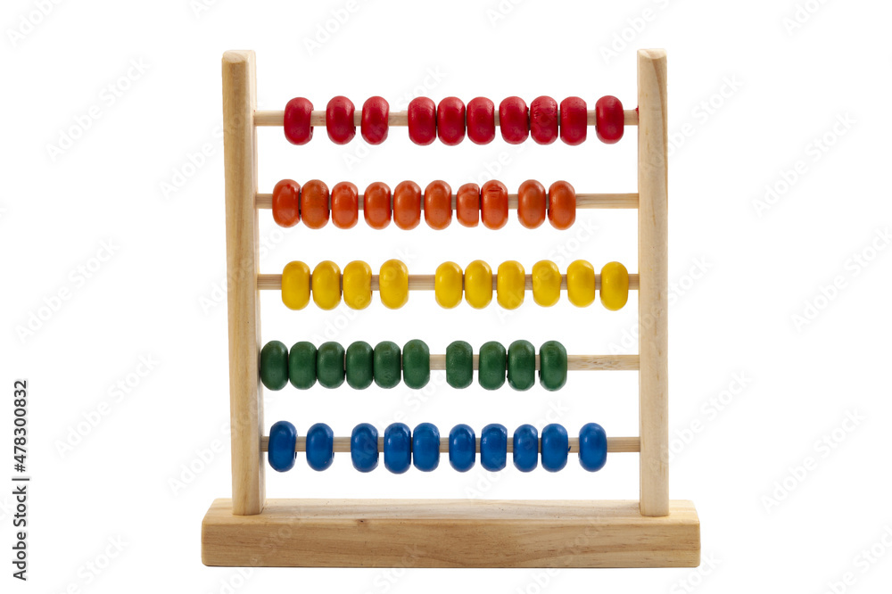 Kids toys, learn mathematics calculation and learning addition concept with wood abacus toy isolated on white background with clipping path cutout