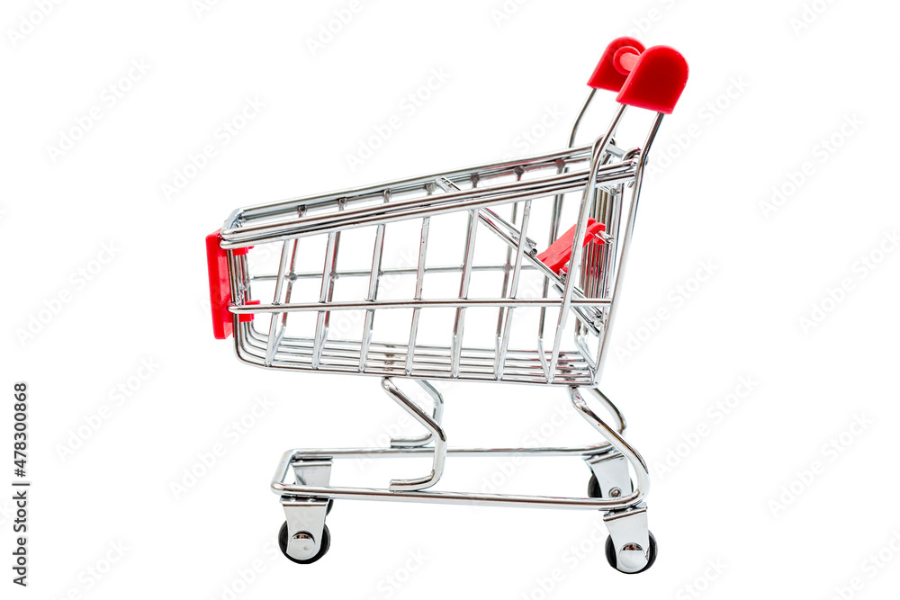 Supermarket grocery shopping, checkout purchase and carrying groceries concept with push shopping cart and no people isolated on white background with clipping path cutout