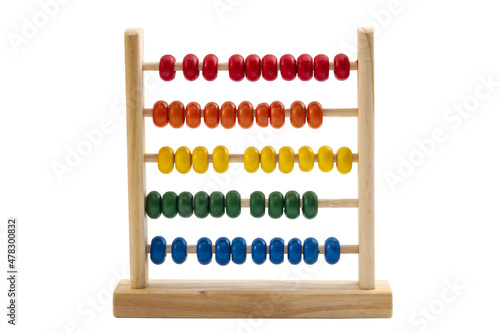 Kids toys  learn mathematics calculation and learning addition concept with wood abacus toy isolated on white background with clipping path cutout